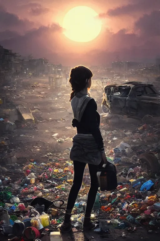 Image similar to poor detailed girl with backpack standing at cars looking for food at garbage dump, destroyed cars, city is pure wasteland, moody sunset in background, high details, sharp, photorealism, cinematic, greg rutkowski, alphonse mucha, trending on artstation, artgerm, unreal engine, breathtaking, award winning, highly detailed