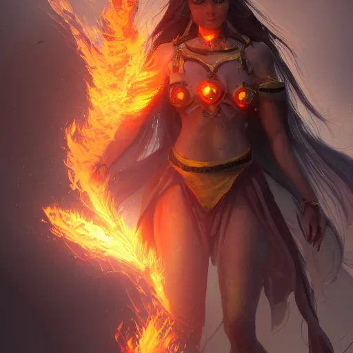 Image similar to Stunning giant goddess made of fire looking down on human mortals, artstation, 4k detailed