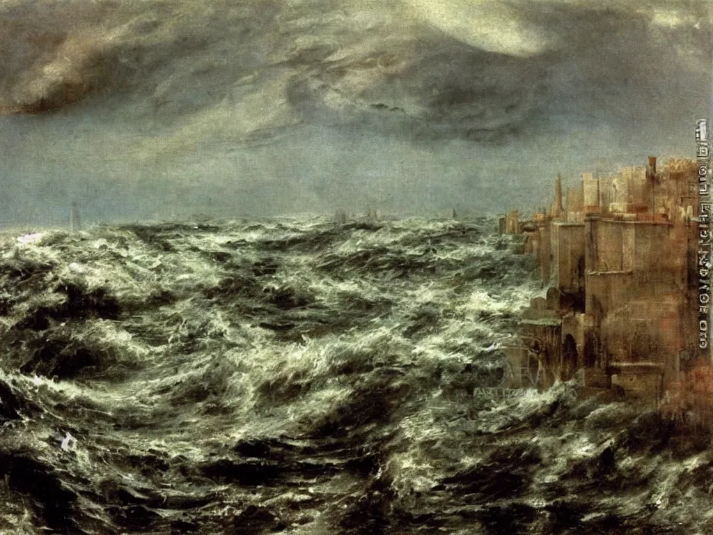 Image similar to Ocean flooding the brutalist metropolis. Wave. Painting by Arnold Bocklin, Yves Tanguy.