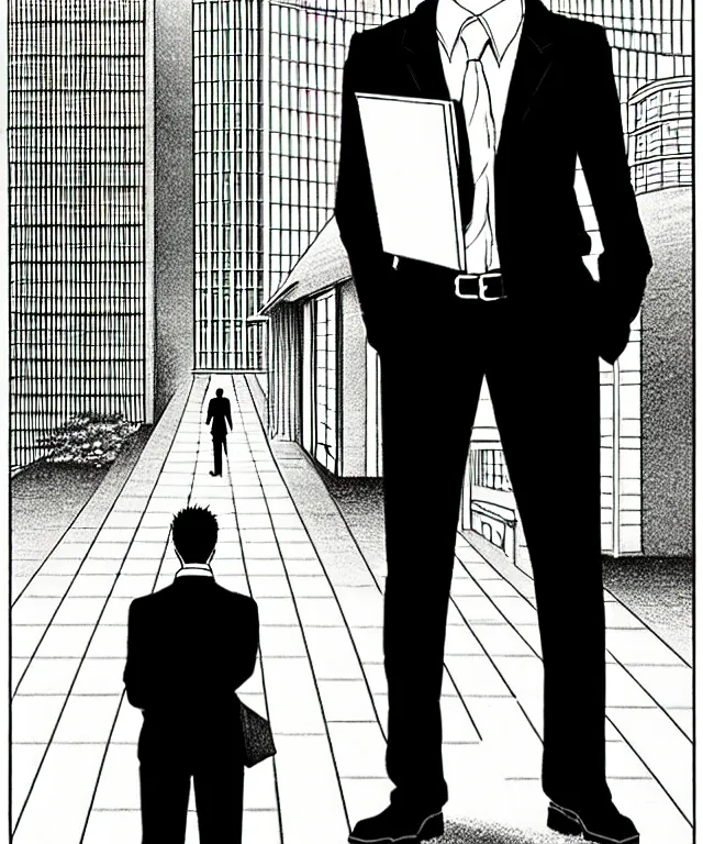 Image similar to A manga cover about a short-haired office solo worker standing on the sidewalk. Sharp high quality manga cover, fine details, straight lines, perfect faces, architecture in the background, masterpiece, shading, shadows, art, highly detailed drawing by Hirohiko Araki, Akatsuki Akira, Kentaro Miura