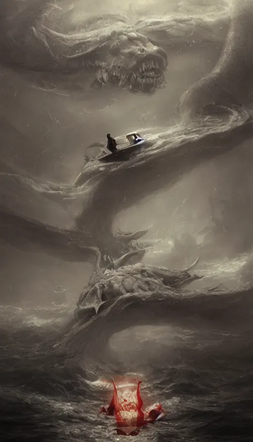 Image similar to man on boat crossing a body of water in hell with creatures in the water, sea of souls, by jeremy geddes