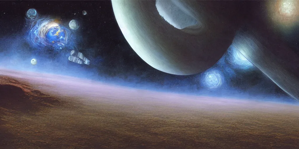 Image similar to Artwork by John Howe of the cinematic view of the Slow wave of the Astro-Asteroid System by John Howe.