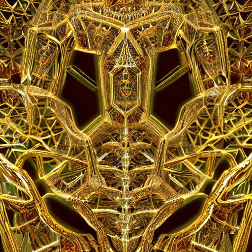 Image similar to a beautiful symmetrical being made of crystals,golden ornaments by alex gray and android jones, 3D, 8k resolution