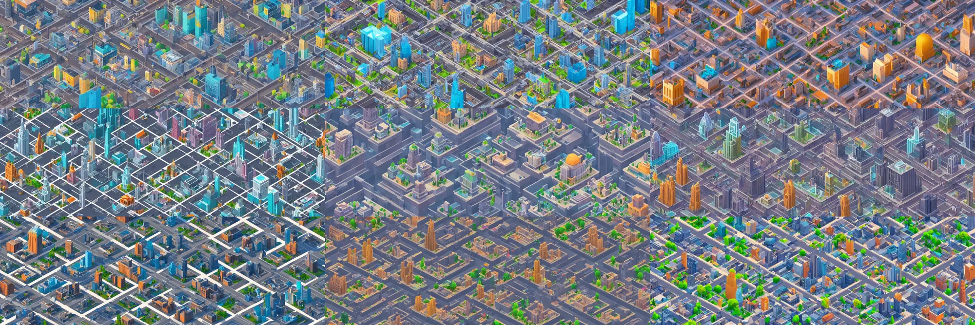 Prompt: City with many buildings and multiple skyscrappers connected with roads in the style of Beeple and RHADS, isometric view, monument Valley 2 game style