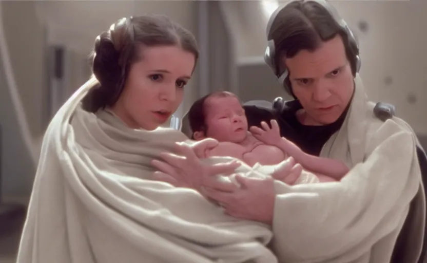 Image similar to screenshot of Princess Leia Organa holding a new born baby in a swaddle, Han Solo watches, iconic scene from 1980s Star Wars film directed by Ridley Scott, in a sci fi nursing home architecture, last jedi, 4k HD sharp, cinematic still frame, photoreal, detailed face, moody lighting, stunning cinematography, anamorphic lenses, kodak color film stock