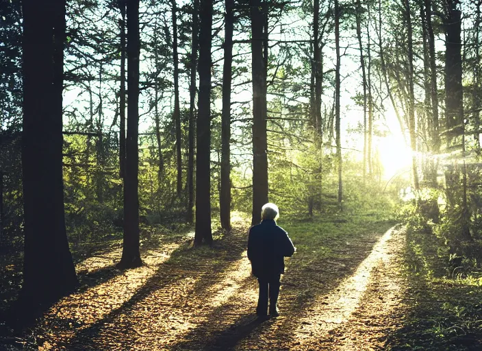 Image similar to a 3 5 mm photo from the back of a senior citizen walking in the woods, splash art, movie still, bokeh, canon 5 0 mm, cinematic lighting, dramatic, film, photography, golden hour, depth of field, award - winning, anamorphic lens flare, 8 k, hyper detailed, 3 5 mm film grain