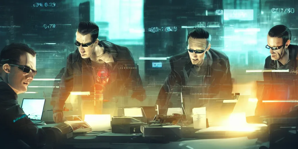 Image similar to 3 gards in an office hacking into a computer using a laptop, matrix style falling orange text in the background, cyberpunk, artstation