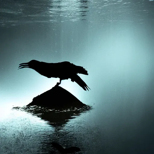 Image similar to crow underwater, glow, horror, creepy