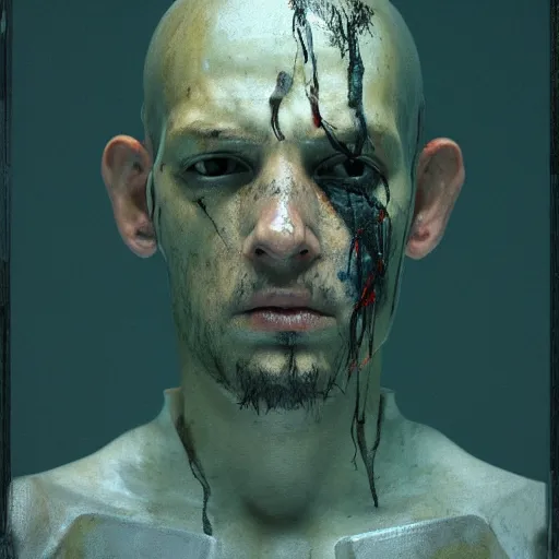 Image similar to mugshot photo of an ugly criminal, cyborg, (((high tech, cyberpunk))), by cy Twombly and BASTIEN LECOUFFE DEHARME, ((very coherent symmetrical artwork, cinematic, hyper realism, high detail, octane render, unreal engine, 8k))