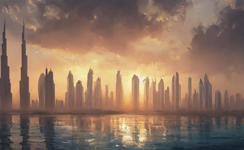 Image similar to oil painting of dubai skyline at sunset, natural light, concept art, by greg rutkowski, cozy atmospheric and cinematic lighting