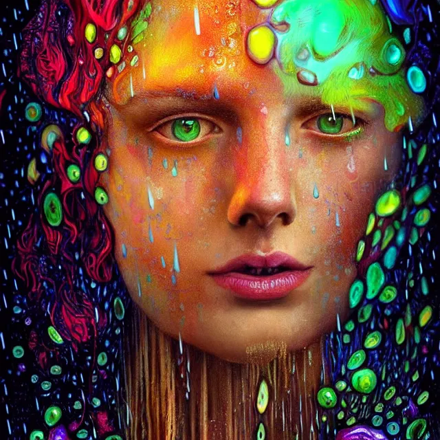 Image similar to bright portrait surrounded by psychedelic mushrooms with rain on face and wet hair, diffuse overhead lighting, fantasy, intricate, elegant, dramatic lighting, highly detailed, lifelike, photorealistic, digital painting, artstation, illustration, concept art, smooth, sharp focus, art by John Collier and Albert Aublet and Krenz Cushart and Artem Demura and Alphonse Mucha