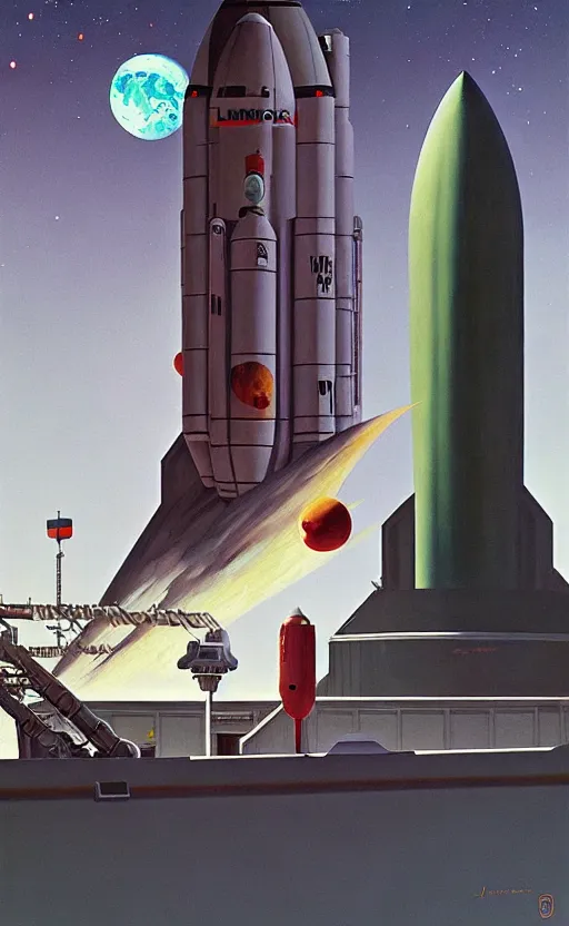 Image similar to Space rocket lunching station ,very coherent, painted by Edward Hopper, Wayne Barlowe, painted by James Gilleard, airbrush, art by JamesJean