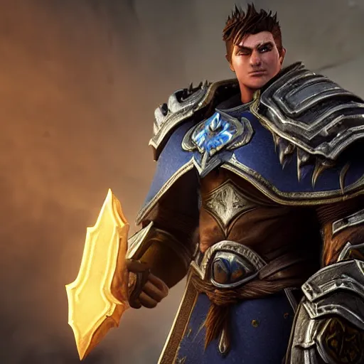 Image similar to 4 k unreal engine render of garen wearing lich king's armor ultra details digital art