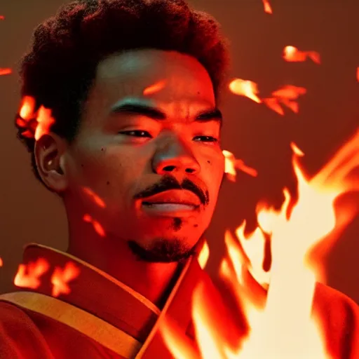 Image similar to cinematic film still of Chance The Rapper starring as a Samurai holding fire, Japanese CGI, VFX, 2022, 40mm lens, shallow depth of field, film photography