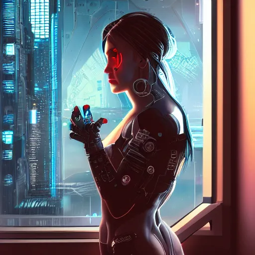 Image similar to portrait of cyberpunk woman looking out of a window, cyberpunk setting, futuristic, highly detailed, intricate lighting, digital painting, sharp focus, illustration, trending on artstation, art by steve argyle.