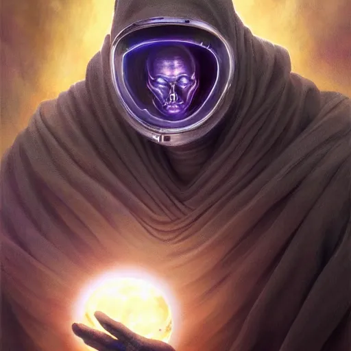 Image similar to masked nomad male wearing a cloak on an alien world and holding a holographic planet projection in his hand, detailed, sci - fi, digital painting, artstation, sharp focus, illustration, ominous, artgerm, tomasz alen kopera, peter mohrbacher, donato giancola, joseph christian leyendecker, wlop, frank frazetta