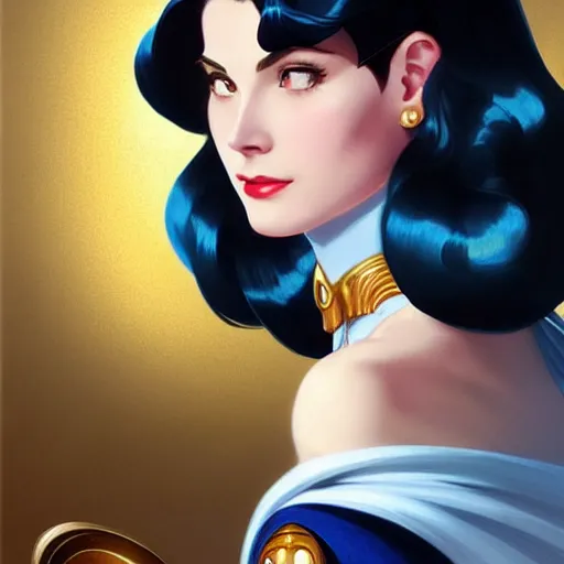 Prompt: Grace Kelly with Dark Blue Hair as Sailor Moon, western, D&D, fantasy, intricate, elegant, highly detailed, digital painting, artstation, concept art, matte, sharp focus, illustration, art by Artgerm and Greg Rutkowski and Alphonse Mucha