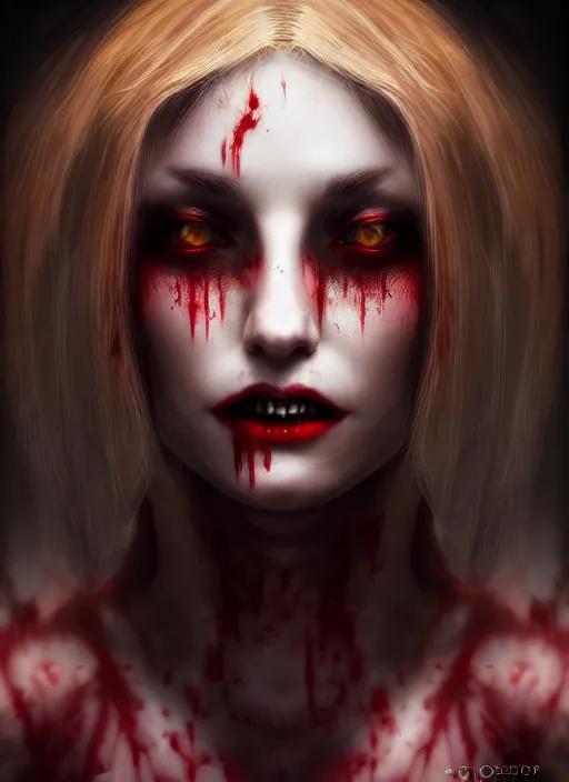 Image similar to beautiful full shot portrait vampire queen blood highly detailed CGsociety subtle concept art HDR hyper realistic volumetric lighting subsurface scattering unreal