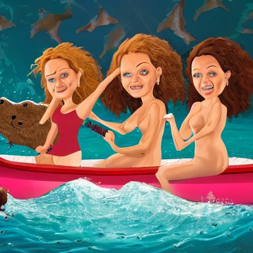 Prompt: three young women having fun on a boat, while a zombie beaver with glowing eyes is swimming beneath them. horror. realistic photo. very detailed.