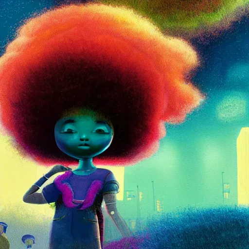 Prompt: a black girl with a colorful afro walking in a cyberpunk street by ralph bakshi, low angle shot, cinematic, colorful, trending on artstation, bright colors, synthwave, watercolor, volumetric wool felting, felt, macro photography, children illustration, by goro fujita