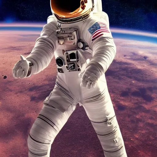 Image similar to A wide-angle shot from below of a female astronaut with an athletic feminine body walking with swagger toward camera on Mars in an infinite universe, synthwave digital art