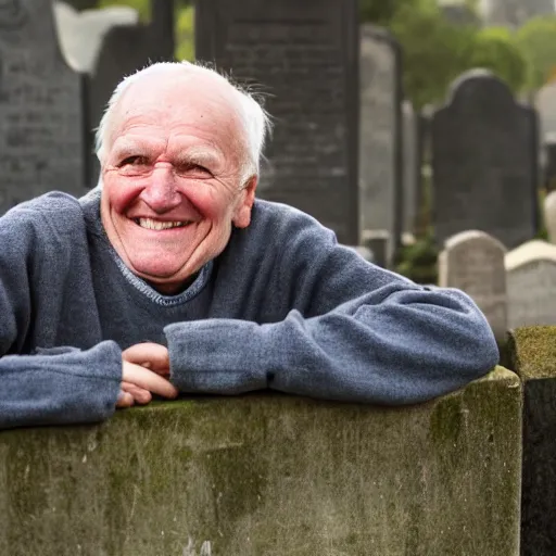 Prompt: a smiling old man in a graveyard