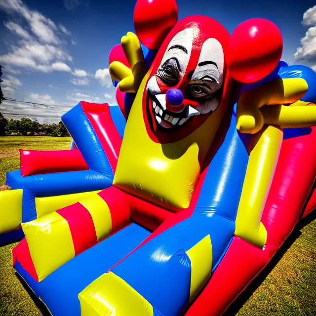 Image similar to , chased by a scary clown in an infinite liminal space made of bouncy castle, highly detailed, 8 k, hdr, smooth, sharp focus, high resolution, award - winning photo