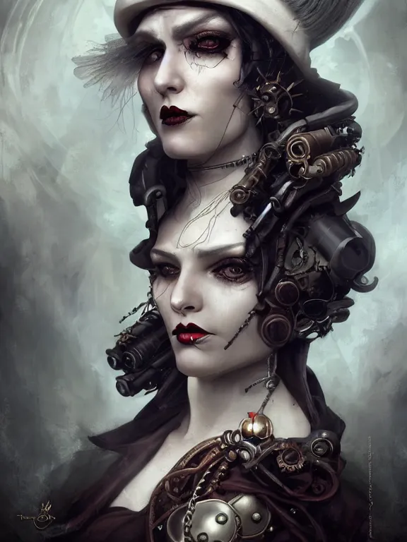 Image similar to a steampunk portrait of a hideous woman with shadowy eyes and bonewhite hair, with black glossy lips, hyperrealistic, award-winning, in the style of Tom Bagshaw, Cedric Peyravernay, Peter Mohrbacher