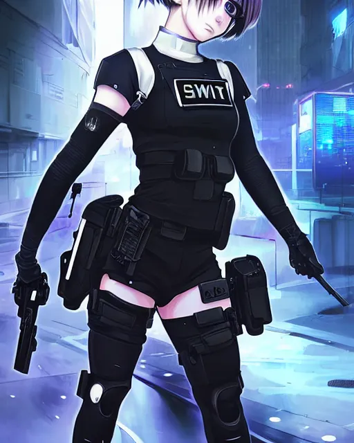 Image similar to 2 b, anime key visual of a young female swat officer, neon, cyberpunk, futuristic, white outfit, black swat vest, swat helmet, holding pdw, stunning, highly detailed, digital painting, smooth, soft focus, illustration, poster, japanese typography, digital art from artstation by artgerm and greg rutkowski and alphonse mucha