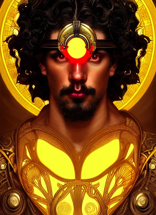 Image similar to portrait of greek god ares, black curly hair, glowing eyes, volumetric lights, yellow red scheme, art nouveau botanicals, gothic, intricate, highly detailed, digital painting, artstation, concept art, smooth, sharp focus, symmetric face, illustration, steampunk, art by artgerm and greg rutkowski and alphonse mucha