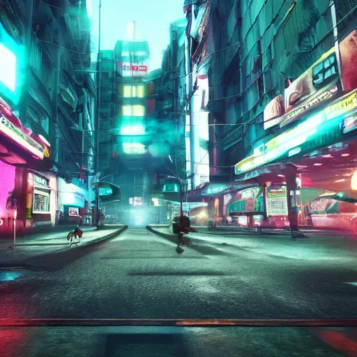 Image similar to a 3 d rendered in unreal engine guatemalan cyberpunk city with neon ads and signs with evocative dramatic mood with blade runner vibe with cars with motion blur with depth of field with bloom with lightshaft with volumetric lights, fog, by scott robertson, oscar winning graphics, photo realistic, bloom, imax, dynamic lighting, artstation,