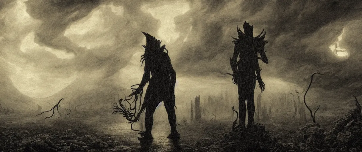 Prompt: an engraving portrait of nyarlathotep, lovecraftian atmosphere, caspar david friedrich, foggy, depth, strong shadows, stormclouds, illuminated focal point, highly detailed