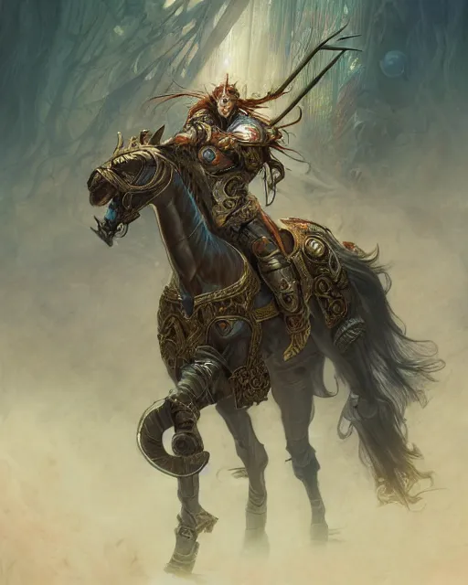 Image similar to Horse warrior, centered, portrait, symmetrical, Path of Exile, Diablo, Warhammer, digital painting, highly detailed, concept art, Nekro, Peter Mohrbacher, Alphonse Mucha, Brian Froud, Yoshitaka Amano, Kim Keever, Victo Ngai, James Jean