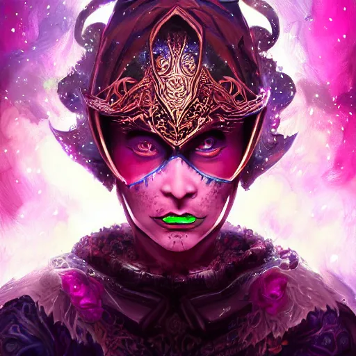 Image similar to Very very very very highly detailed mystic, enigmatic, strange portrait of a phantom warrior with galaxy, roses, shark's teeth by Mozart, intricate, extremely detailed, digital painting, artstation, concept art, smooth, sharp focus, illustration, intimidating lighting, incredible art,