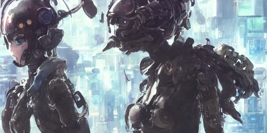 Image similar to portrait splatoon nintendo one character full body precis no blur, concept art, character sheet, nier automata, gaston bussiere, tsutomu nihei, yoji shinkawa, yoshitaka amano, greg rutkowski, cyberpunk, trending on artstation, featured on pixiv, hyper detail, cinematic composition, 8 k