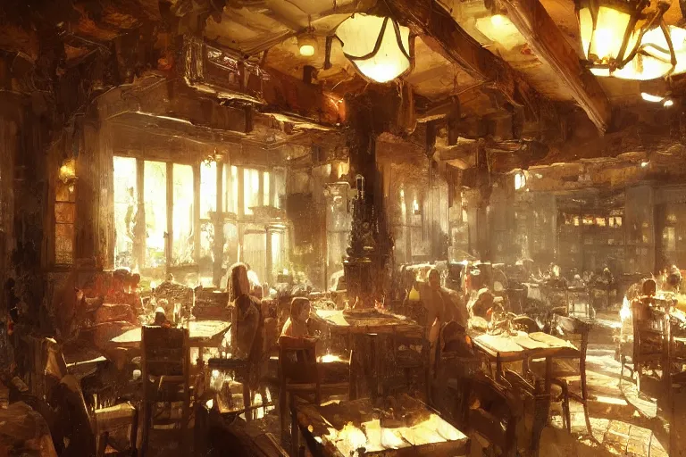 Prompt: A national geographic photo of the interior of an old inn restaurant filled with people by greg rutkowski, france classic, Trending on artstation