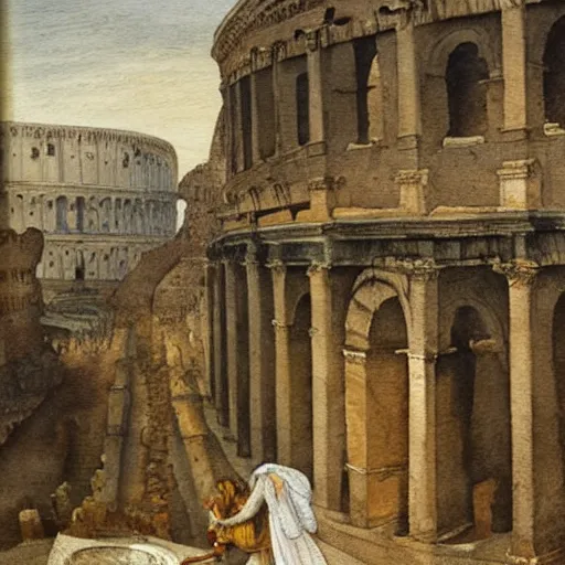 Image similar to a woman making lemonade in front of the colosseum, watercolor painting by da vinci, high detail, abstract