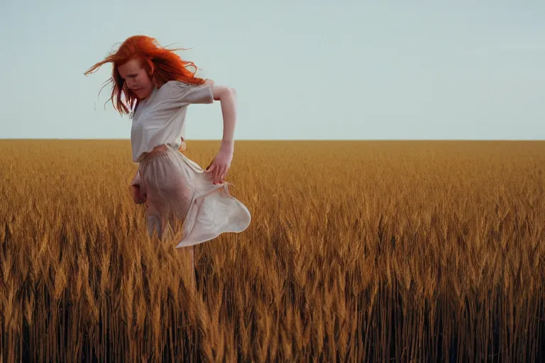 Image similar to sensual redhead girl running through the wheat field, soft light, 35mm film