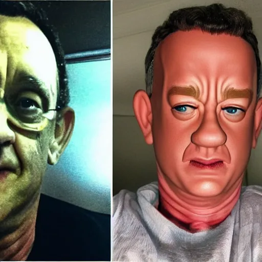 Image similar to my auntie that looks like a poor version of tom hanks in the most scary image on the internet, disturbing, realistic, so scary, very real, very disturbing