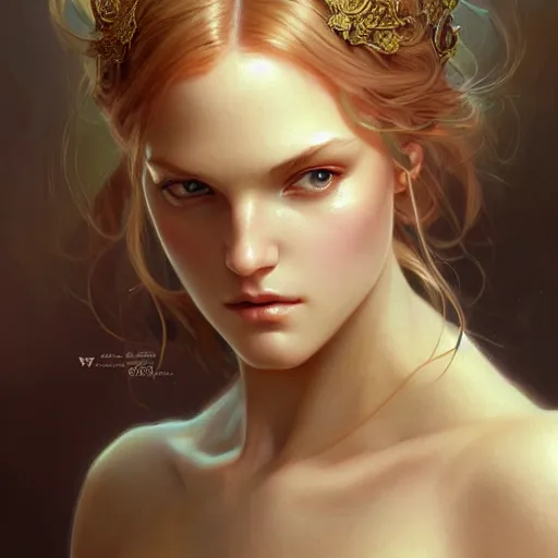 Image similar to beautiful Ering Heatherton, closeup, D&D, fantasy, intricate, elegant, highly detailed, digital painting, artstation, concept art, matte, sharp focus, illustration, art by Artgerm and Greg Rutkowski and Alphonse Mucha