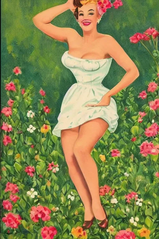 Image similar to a full view portrait of a beautifull woman, wearing a dress,with a beautifull smile,a garden background.in american style pin up.anatomically correct