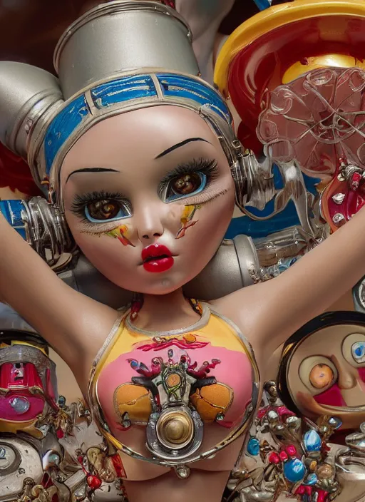 Image similar to closeup of a tin toy bikini girl, depth of field, zeiss lens, detailed, symmetrical, centered, fashion photoshoot, by nicoletta ceccoli, mark ryden, lostfish, earl nore, hyung tae, frank frazetta, breathtaking, 8 k resolution, extremely detailed, beautiful, establishing shot, artistic, hyperrealistic, octane render