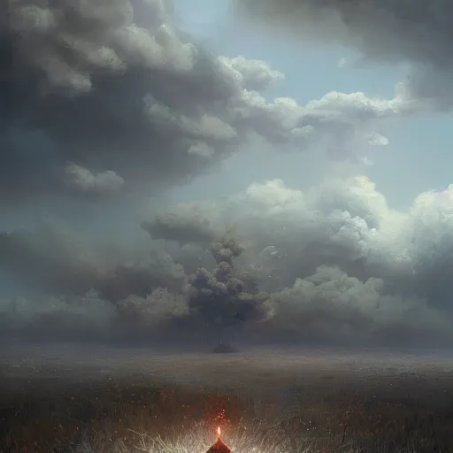 Prompt: Single blue magical flower growing on an ashen field, apocalyptik city, flower, clouded sky, oil painting, by Greg Rutkowski