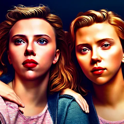 Image similar to intricate beautiful hyperreal portrait of a young scarlett johansson and young scarlett johansson, smiling softly, casual clothes, relaxing on the couch, home interior, golden hour, close up shot, 8 k, art by irakli nadar, hyperrealism, hyperdetailed, ultra realistic