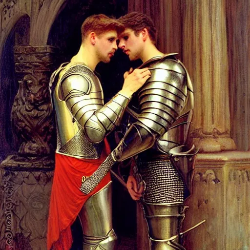 Image similar to attractive fully clothed arthur pendragon confesses his love for his attractive fully clothed male knight. highly detailed painting by gaston bussiere and j. c. leyendecker 8 k