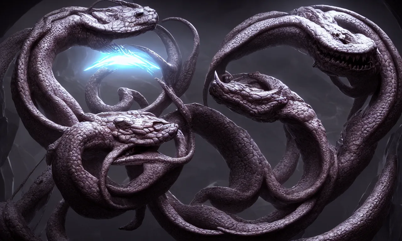 Prompt: ouroboros symbol, volumetric lighting, subsurface scattering, dramatic lighting, high detail, from new scifi by digital domain and weta digital, strong ambient occlusion, superdetail, horror color grading