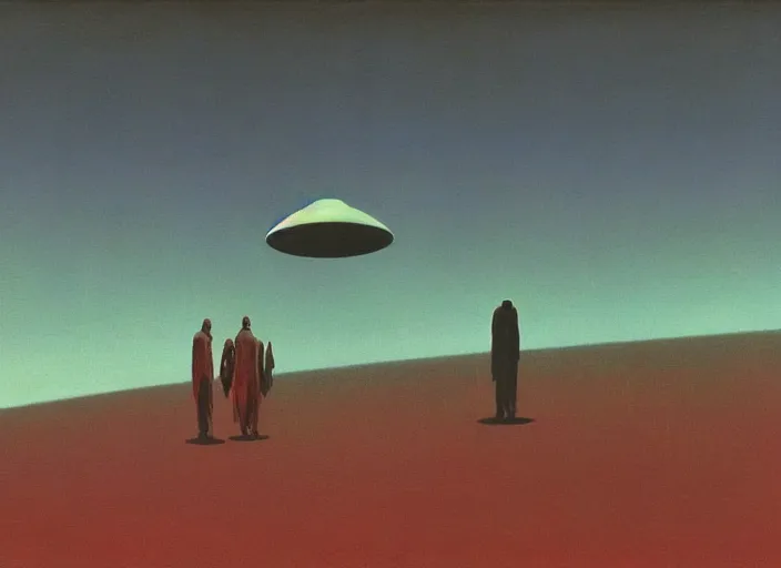 Prompt: painting of a ufo cult, science fiction, Edward Hopper and James Gilleard, Zdzislaw Beksinski, highly detailed