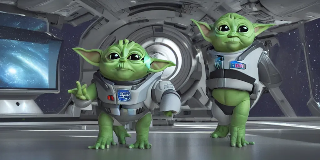 Image similar to a 3 d rendered movie still, wide - angle 1 0 0 m in the distance, baby yoda wearing a spacesuit, and exploring cosmos in a super awesome space ship. science fiction blockbuster movie, dramatic lighting, imax 7 0 mm. buzz lightyear