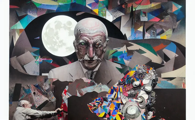 Image similar to decollage painting old white - headed man under the huge moon on a street of ruined city by adrian ghenie and takato yamamoto and edward hopper and mark ryden and tsutomu nihei, part by bridget riley, acrylic pour and splashing paint, very coherent, baroque elements, perfect anatomy, intricate design. pop art.