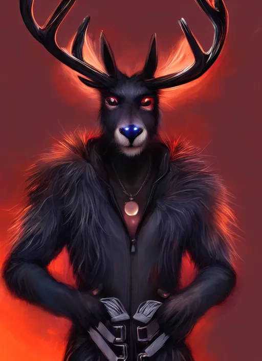 Image similar to award winning beautiful portrait commission of a male furry anthro Black Reindeer fursona with a tail, wings and a cute beautiful attractive detailed furry face wearing stylish black and orange cyberpunk clothes in a cyberpunk city at night while it rains. Character design by charlie bowater, ross tran, artgerm, and makoto shinkai, detailed, inked, western comic book art